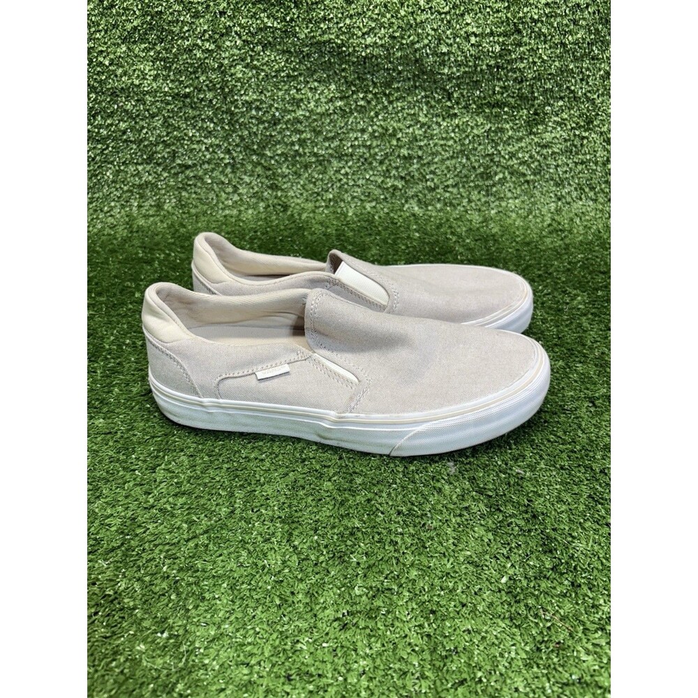 Vans Asher Chambray Slip-On Womens Size 9 Tan Gray Athletic Skate Shoes Sneakers